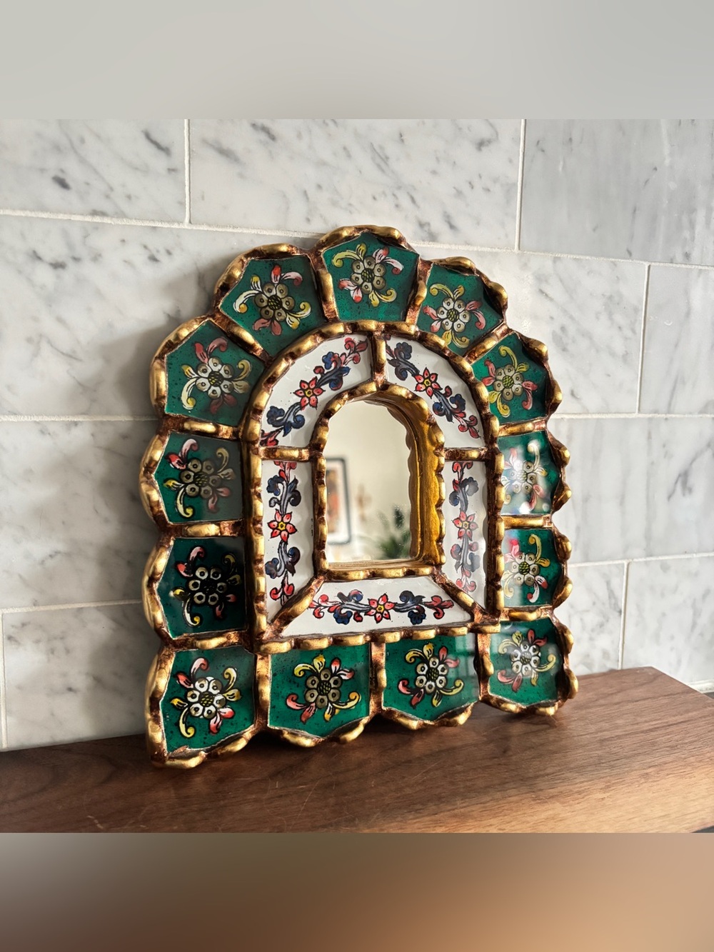 Vintage Peruvian Green and Gold Reverse-Painted Glass Accent Mirror